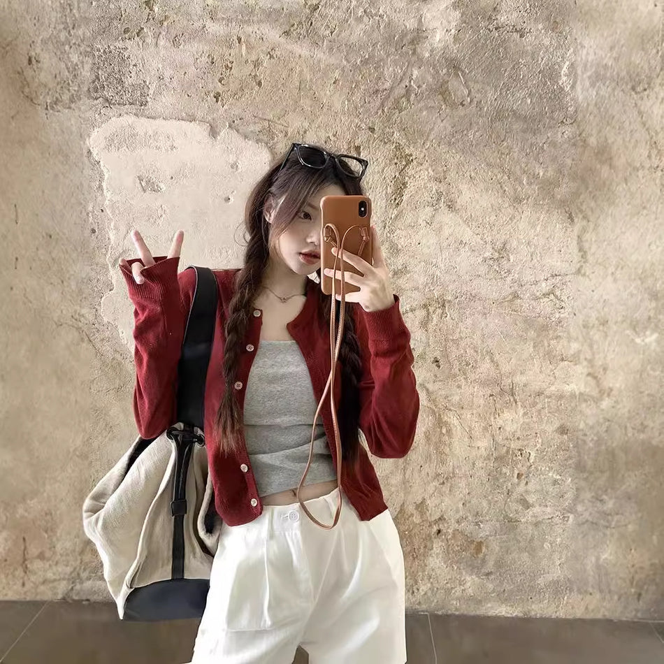 Women's Red Slim Fit Short Knit Cardigan Jacket