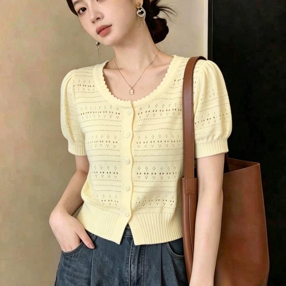 Women's French Style Yellow Short Sleeve Knit Cardigan