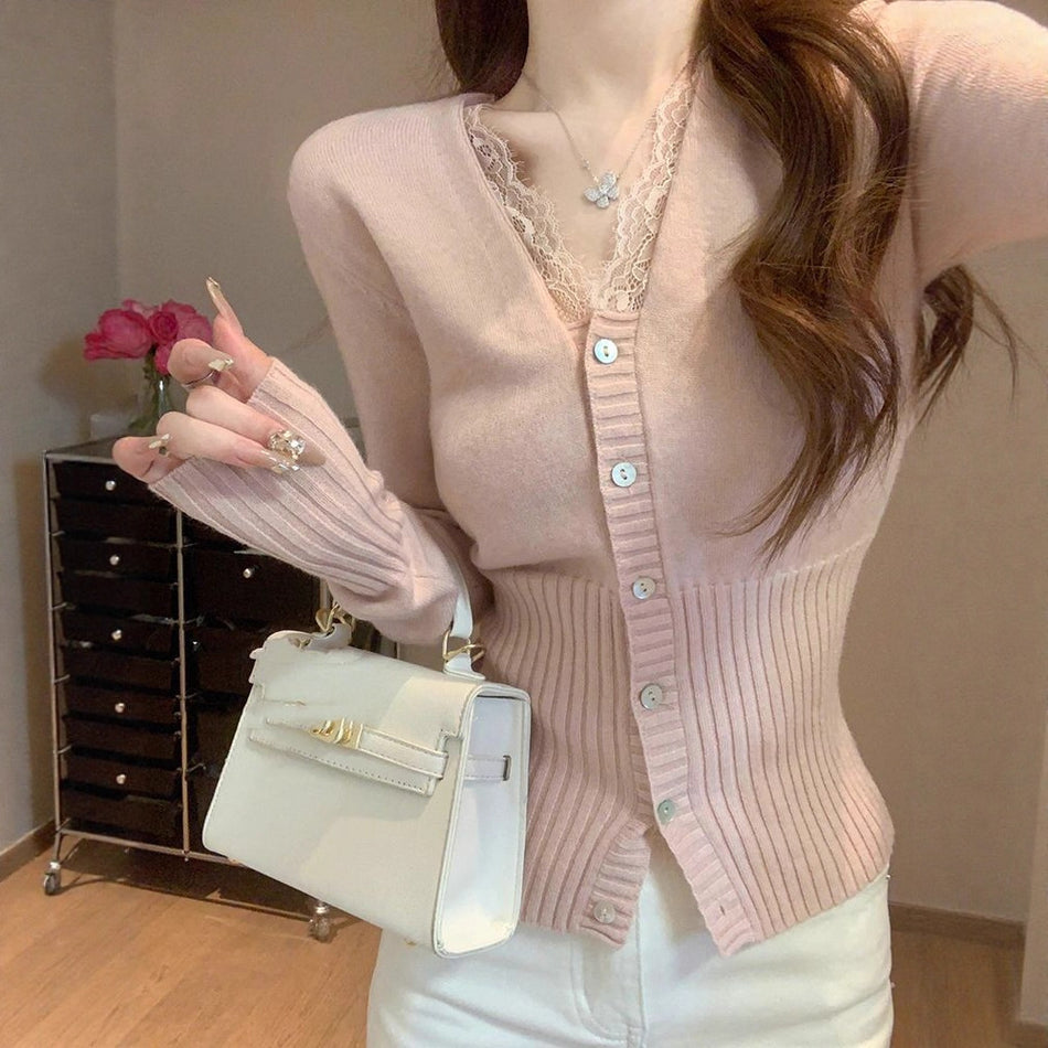 Women's V-Neck Lace Knit Slim Fit Base Layer Top