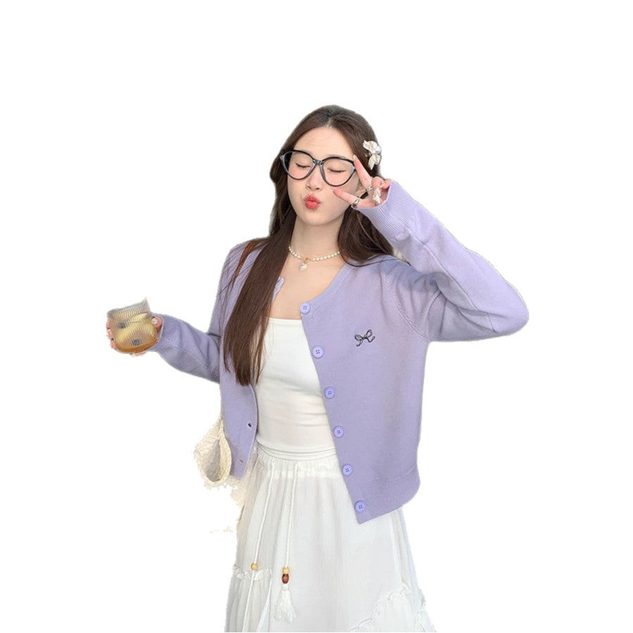 Women's Bow Embroidered Solid Knit Cardigan Sweater
