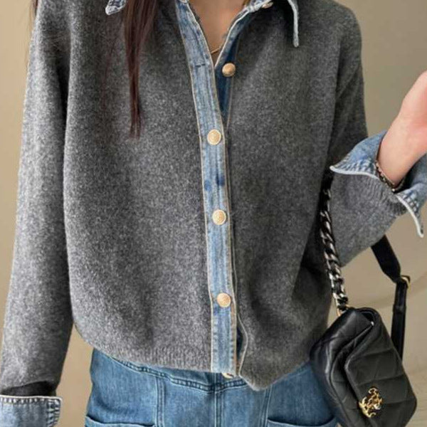 Women's Korean Style Denim Patchwork Knit Cardigan Coat