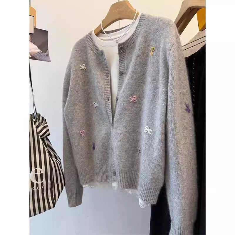 Women's Gray Embroidered Loose Knit Cardigan Coat
