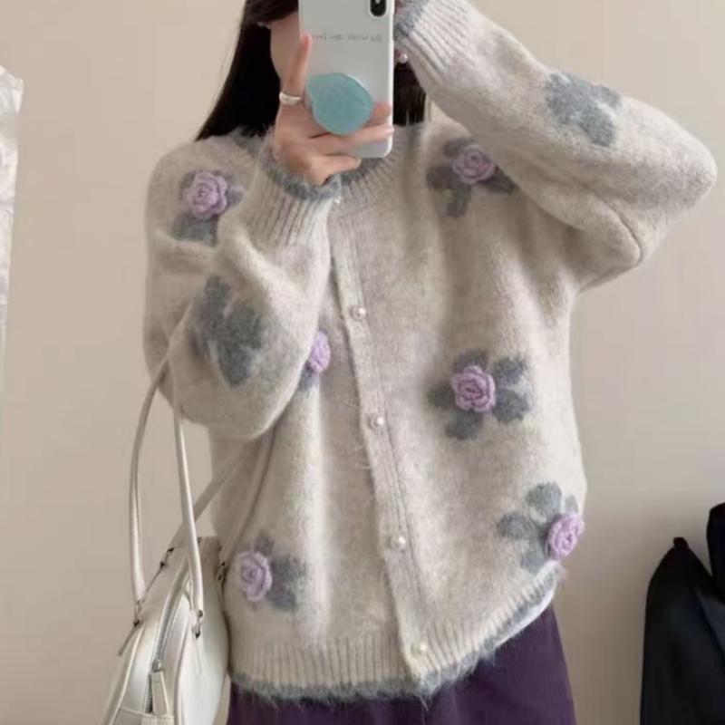 Women's 3D Floral Embroidered Loose Knit Cardigan Coat