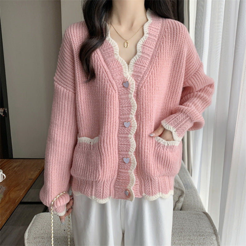 Women's Heart Button Color Block Short Sleeve Cardigan