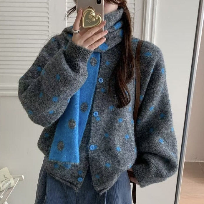 Women's Polka Dot Knit Cardigan Coat with Scarf Set