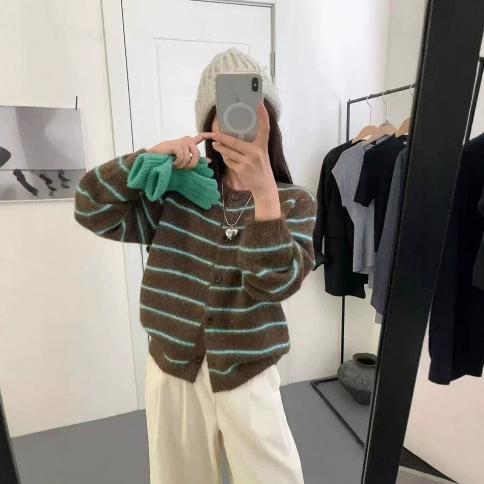 Women's Korean Style Contrast Stripe Loose Knit Cardigan Coat