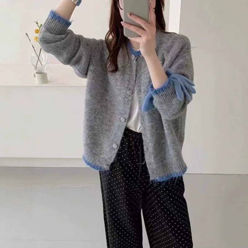 Women's Retro Contrast Color Round Neck Knit Cardigan