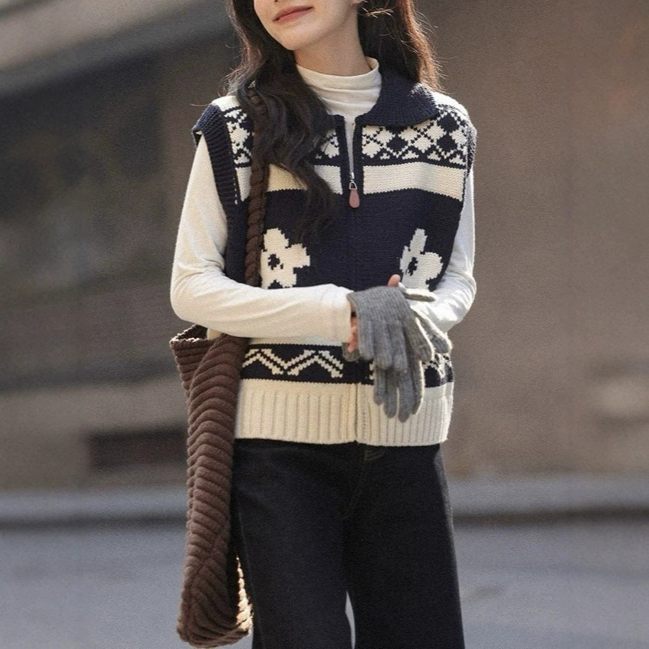 Women's Fair Isle Jacquard Knit Zip Vest with Lapel