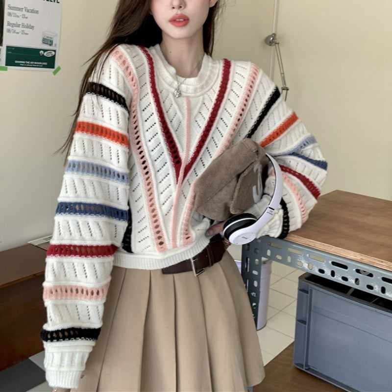 Women's Vintage Rainbow Stripe Hollow Knit Sweater