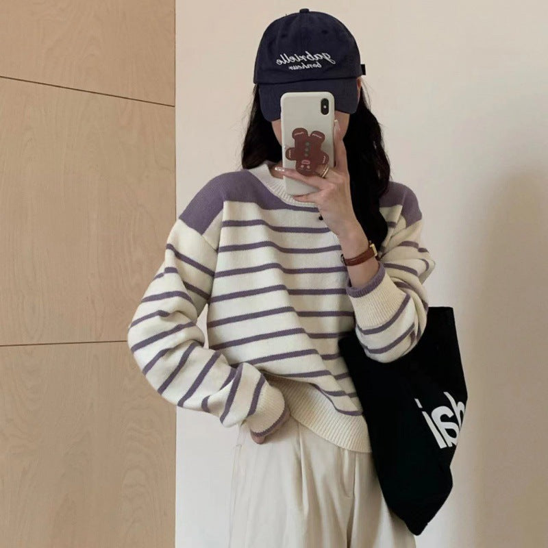 Women's Striped Back-Split Loose Knit College Sweater