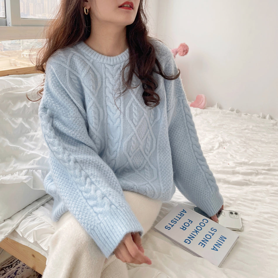 Women's Korean Style Twist Knit Round Neck Sweater