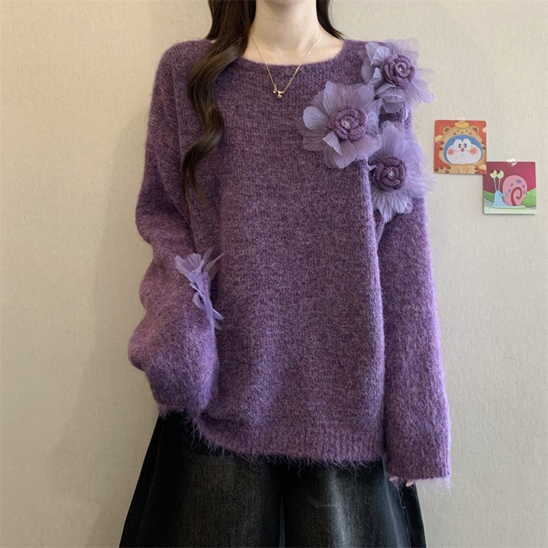 Women's Korean Style 3D Floral Soft Knit Sweater