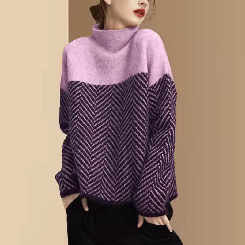 Women's Retro Color Block Half Turtleneck Knit Sweater
