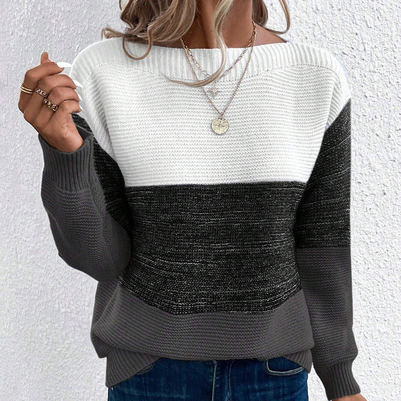 Women's Contrast Stitch Crewneck Long Sleeve Knit Sweater