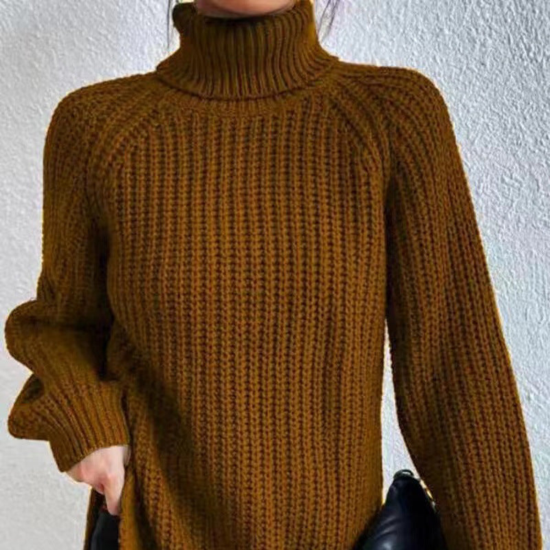 Women's Mid-Length High Neck Raglan Sleeve Knit Sweater