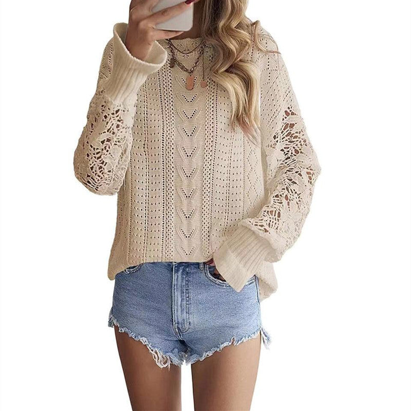 Women's Lace Detail Long Sleeve Knit Pullover Sweater