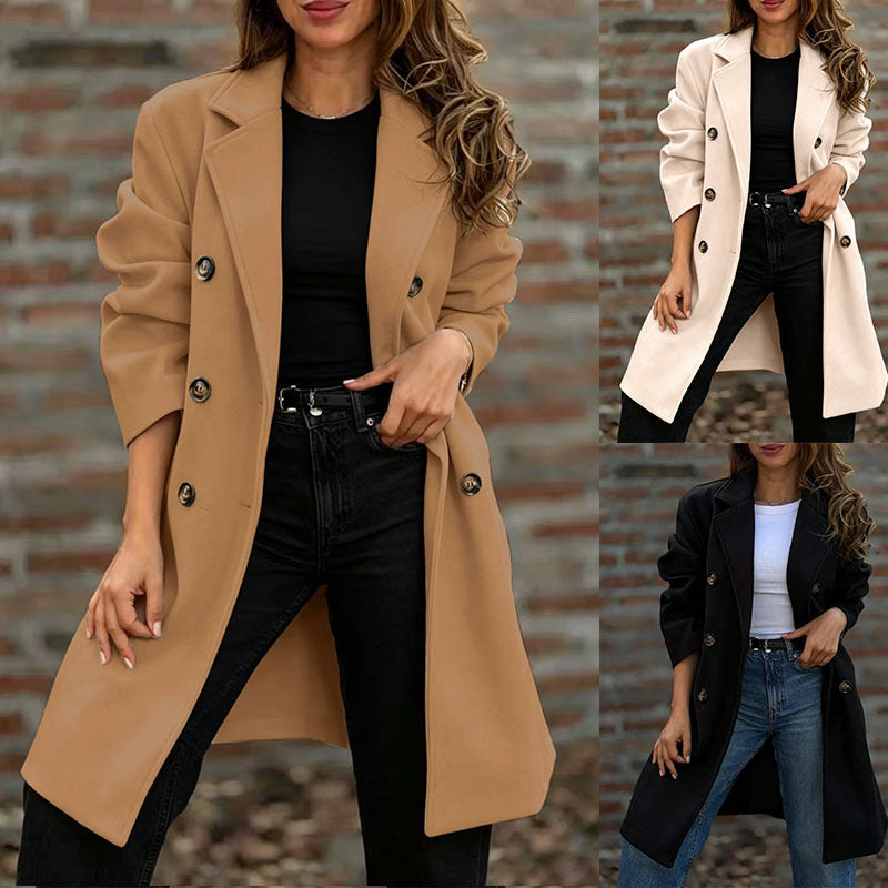 Women's European Style Double-Breasted Wool Lapel Coat
