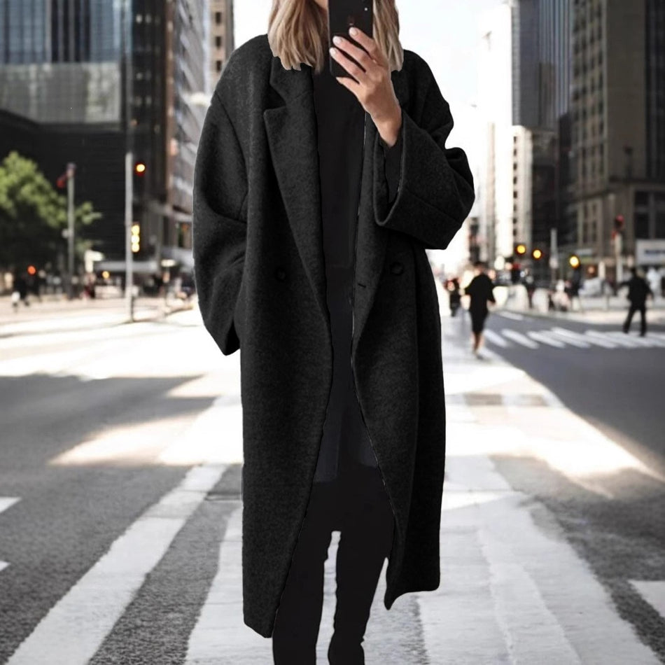 Women's Long Wool Coat with Stand Collar and Color Options