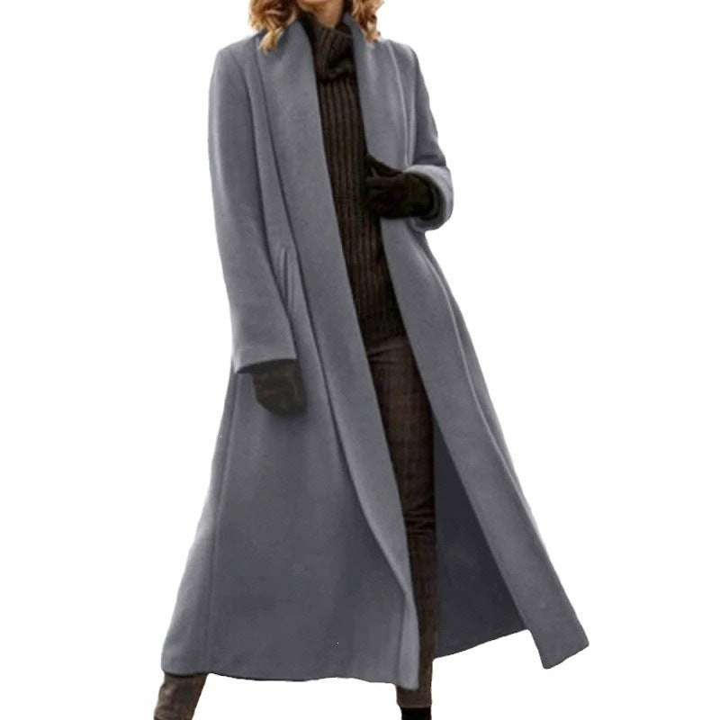 Women's European Style Extra Long Wool Blend Trench Coat