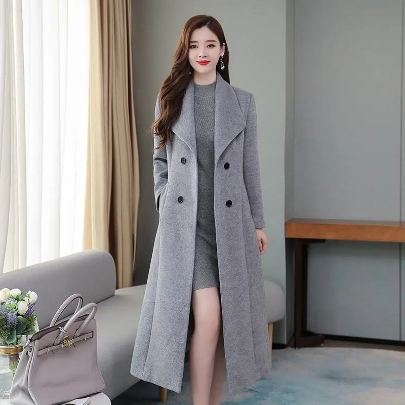 Women's Extra Long Slim-Fit Wool Coat with Turn-Down Collar