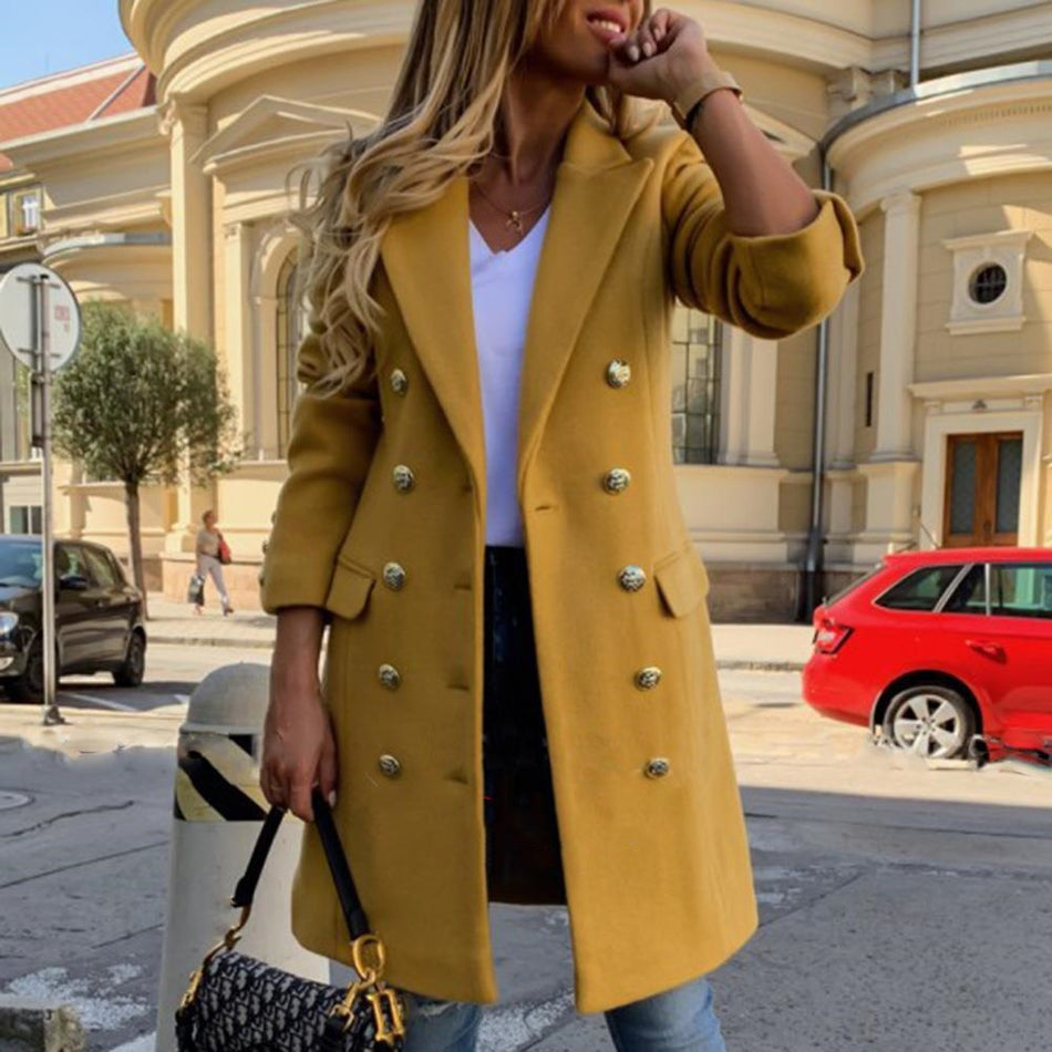 Women's European Style Double-Breasted Slim-Fit Wool Coat