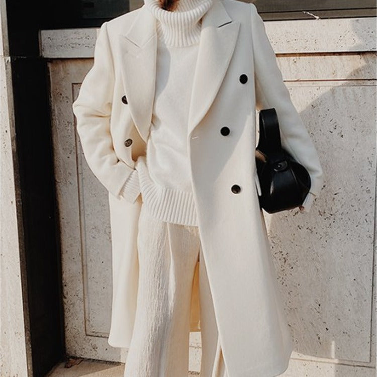 Women's Solid Color Double-Breasted Slim-Fit Wool Coat