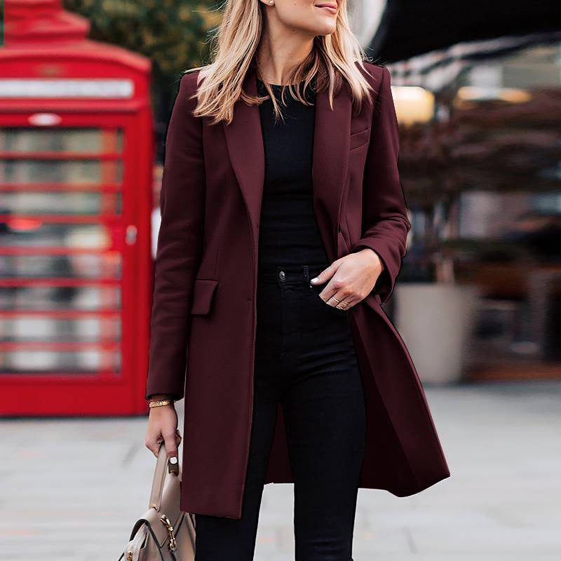Women's Mid-Length Solid Color Buttoned Blazer