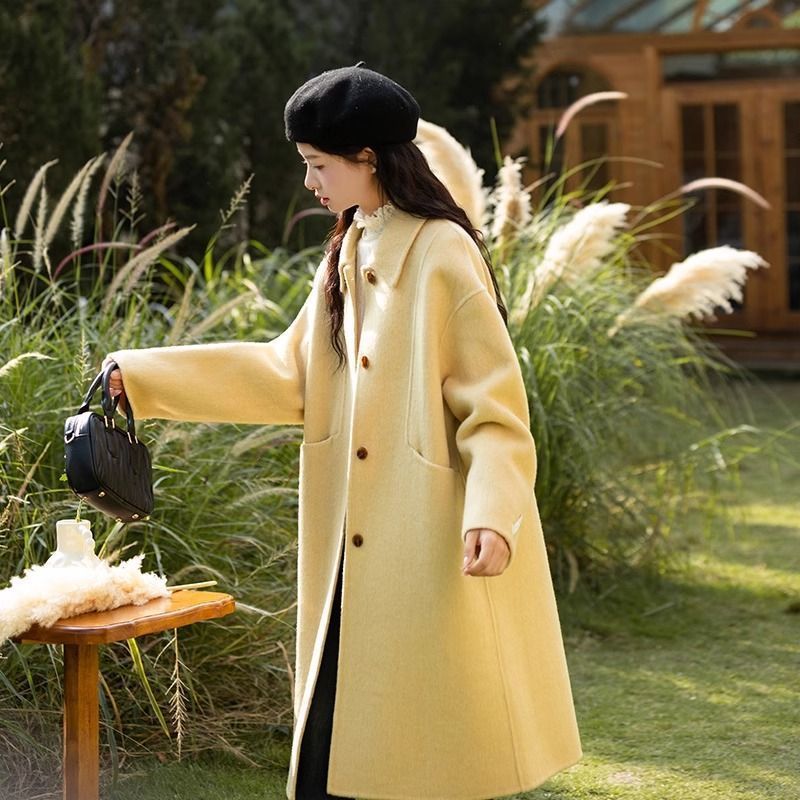 Women's Korean Style Long Yellow Wool Coat