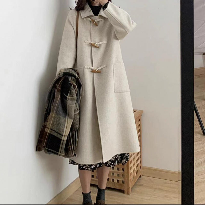 Women's Korean Style Horn Button Mid-Length Wool Coat