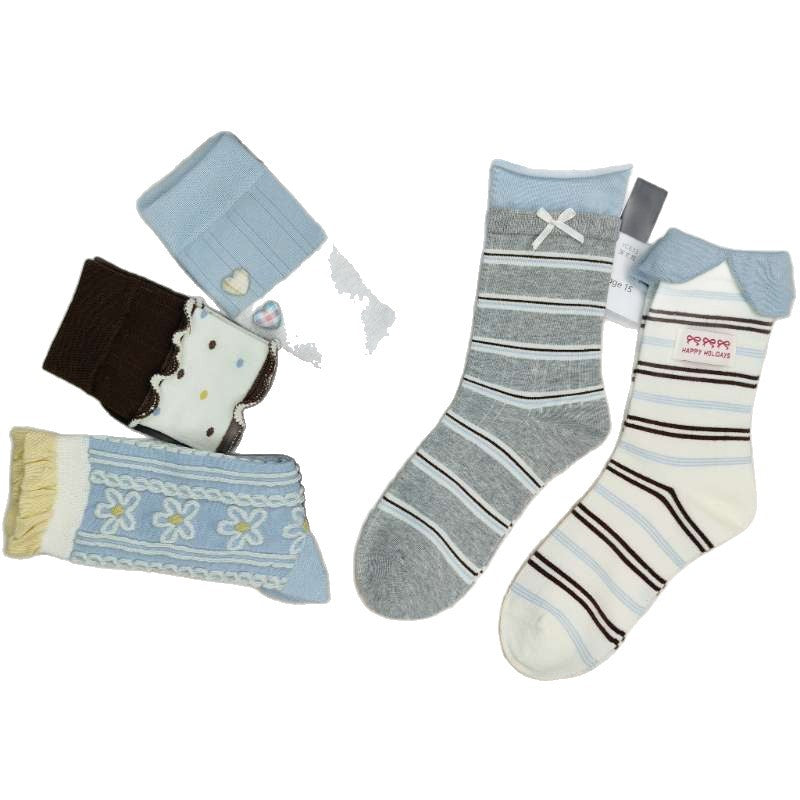 Women’s Lace Cotton Mid-Calf Socks with Stitched Detail- Pack of 5