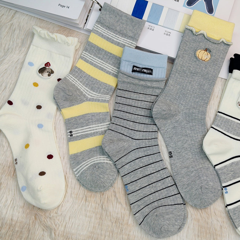Women’s Striped Embroidered Cotton Mid-Calf Socks- Pack of 5