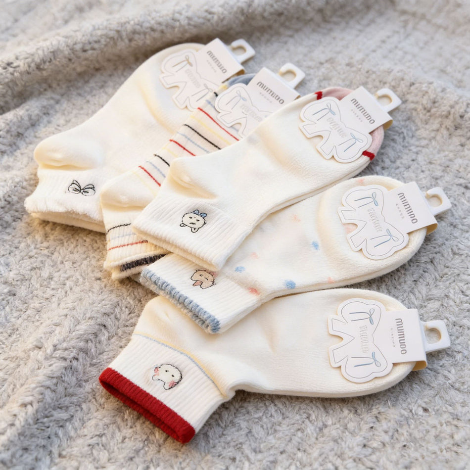 Women’s Cute Cartoon Embroidered Breathable Ankle Socks- Pack of 5