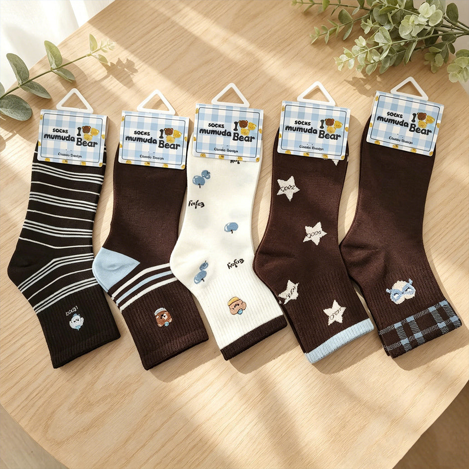 Women’s Japanese Style Striped Plaid Cotton Mid-Calf Socks- Pack of 5