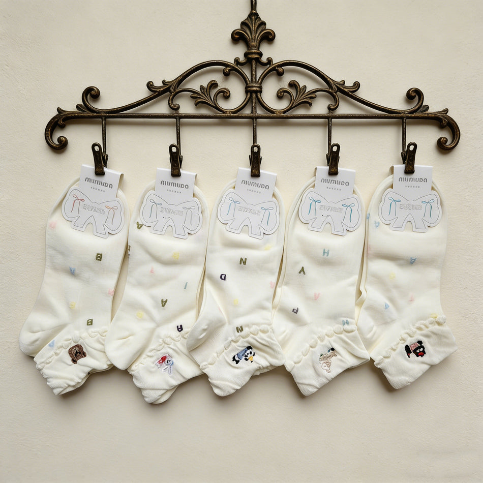 Women’s Korean Style Cartoon Embroidered Cotton Mid-Calf Socks- Pack of 5