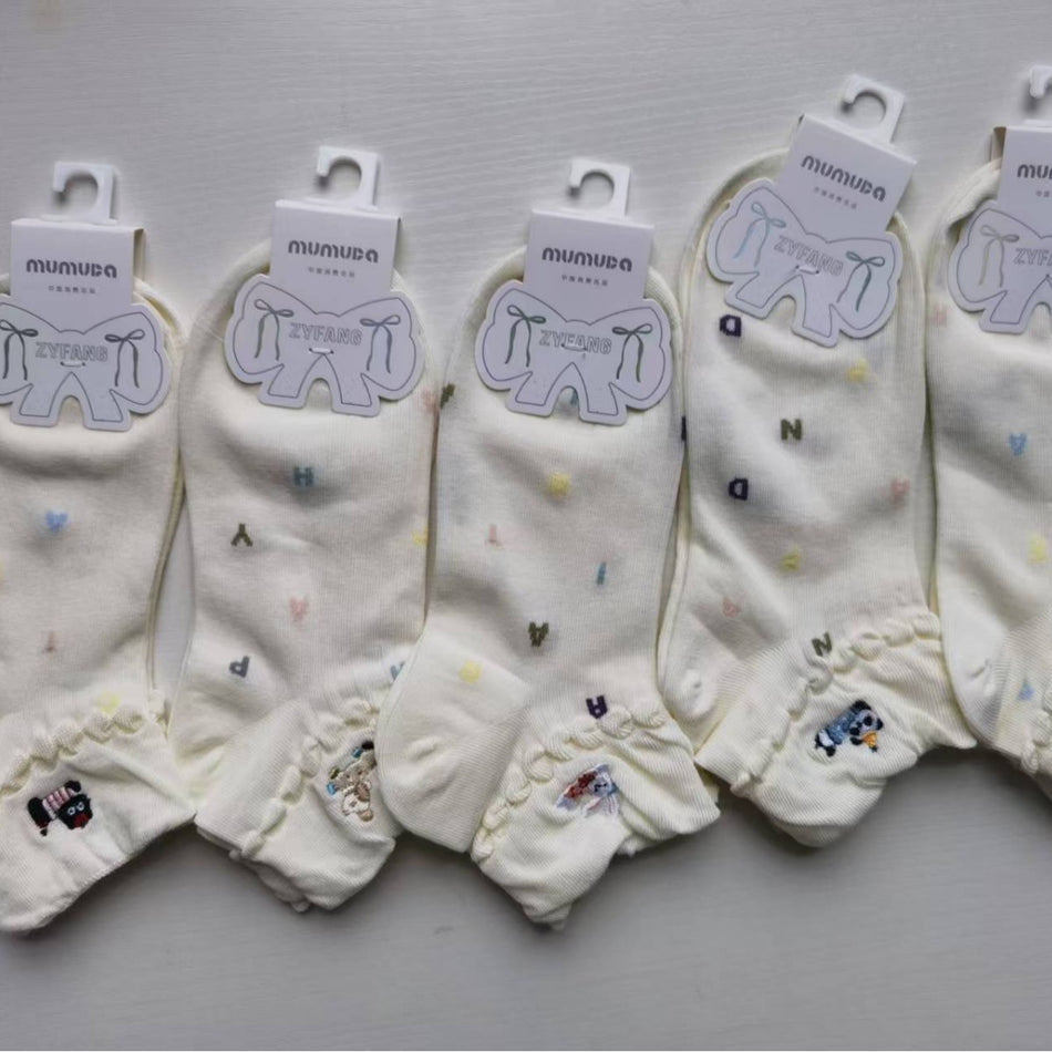 Women’s Japanese Style Cartoon Embroidered Cotton No-Show Socks- Pack of 5