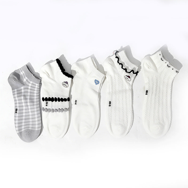 Women’s Japanese Plaid Ruffle Edge Cotton Ankle Socks- Pack of 5