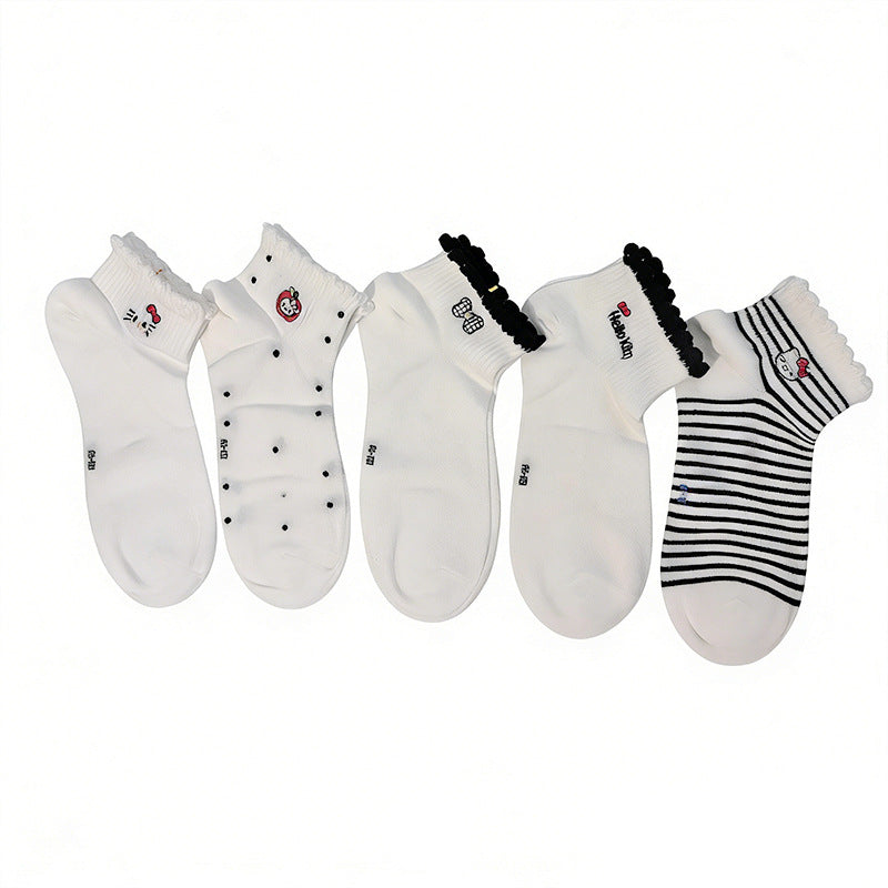 Women’s Cartoon Lace Boat Socks with Striped Detail- Pack of 5