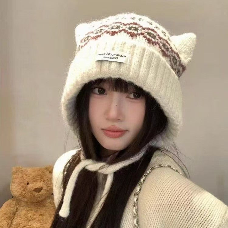 Women’s Fair Isle Cat Ear Fleece Lined Knit Hat