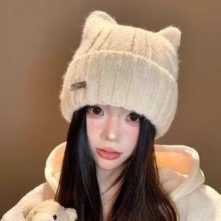 Women’s Cute Cat Ear Wool Knit Hat with Warm Ear Protection