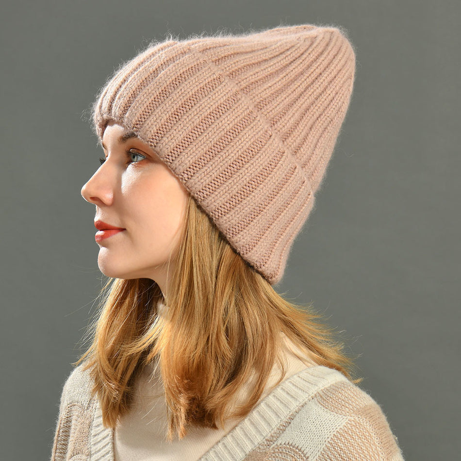 Women’s Rabbit Fur Knit Hat Soft Warm Striped Beanie