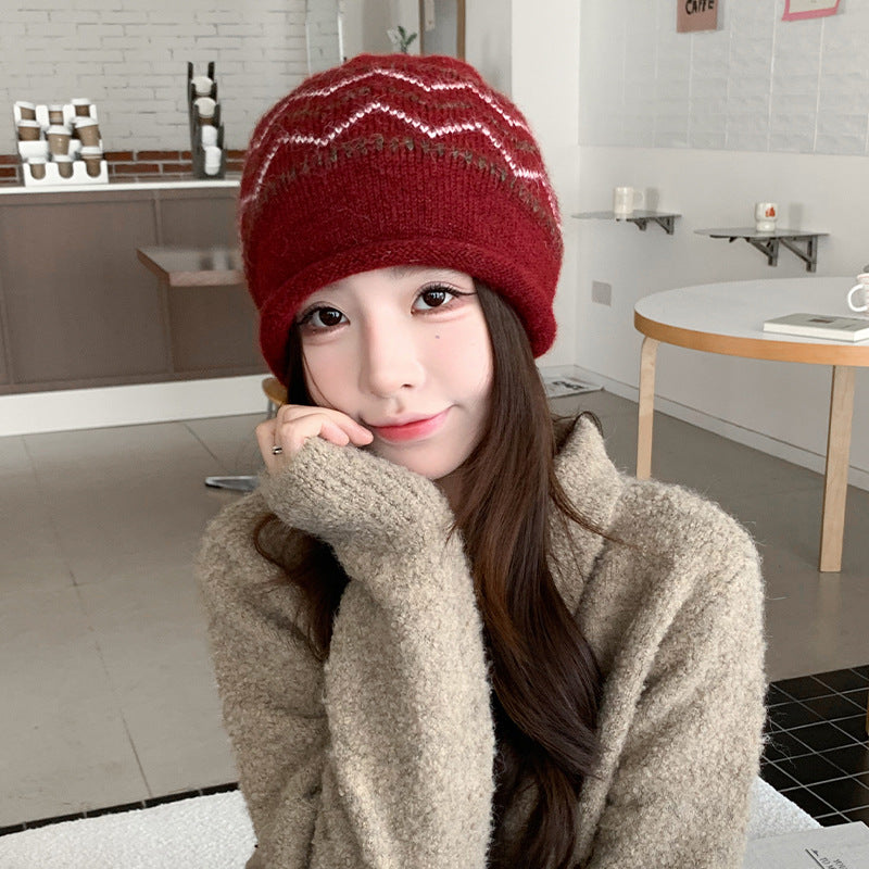 Women’s Fair Isle Drawstring Pile Knit Hat with Ear Protection