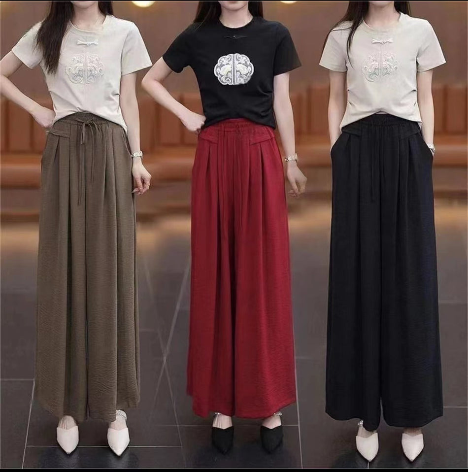 Women's Wide-Leg Ice Silk Culottes, High-Waist Loose Skirt Pants