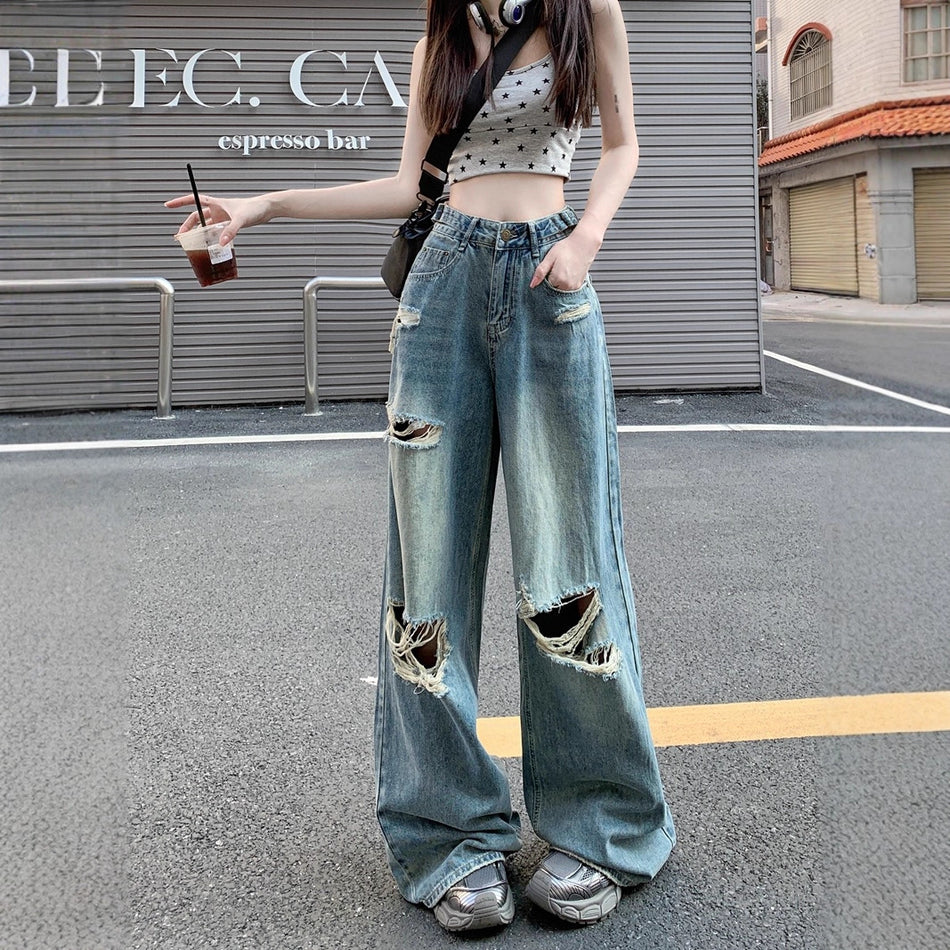 Women's High-Waist Wide-Leg Jeans, Loose Straight Denim Pants