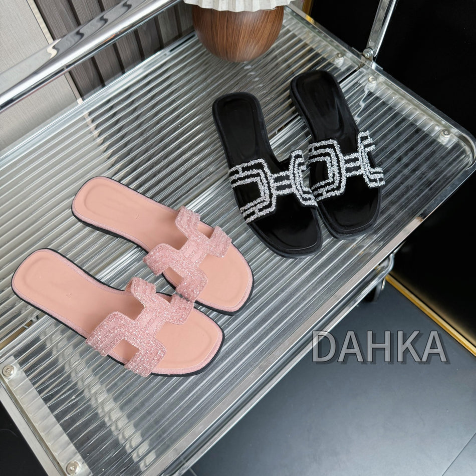 Women's Rhinestone Flat Slippers, Casual Slip-On Sandals
