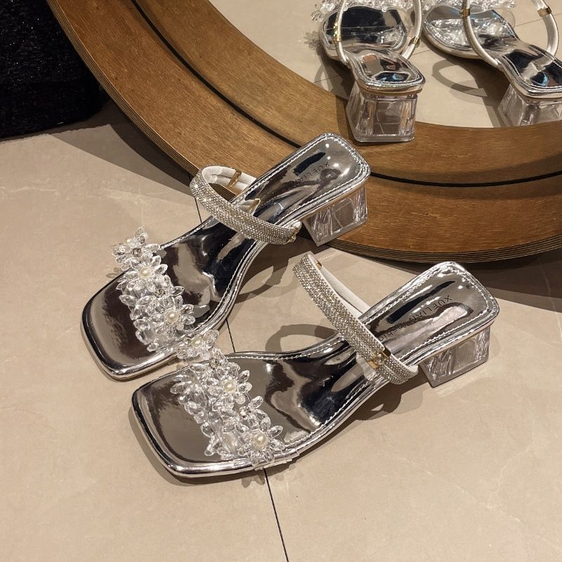Women's French Floral Rhinestone Sandals, Square Heel Open Toe