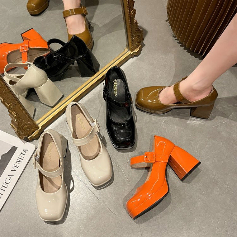 Women's Mary Jane Chunky Heel Shoes, French Style Leather Flats