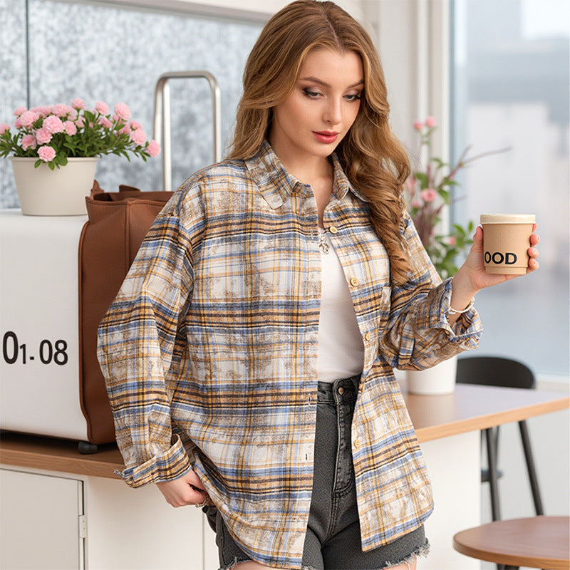 Women's Plaid Shirt Jacket, American Style Mid-Length Loose Top
