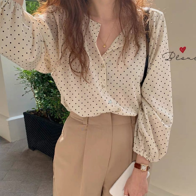 Women's Polka Dot Chiffon Shirt, Lantern Sleeve V-Neck Top