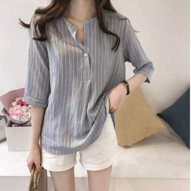 Women's Striped Cotton Shirt, V-Neck Loose Casual Top