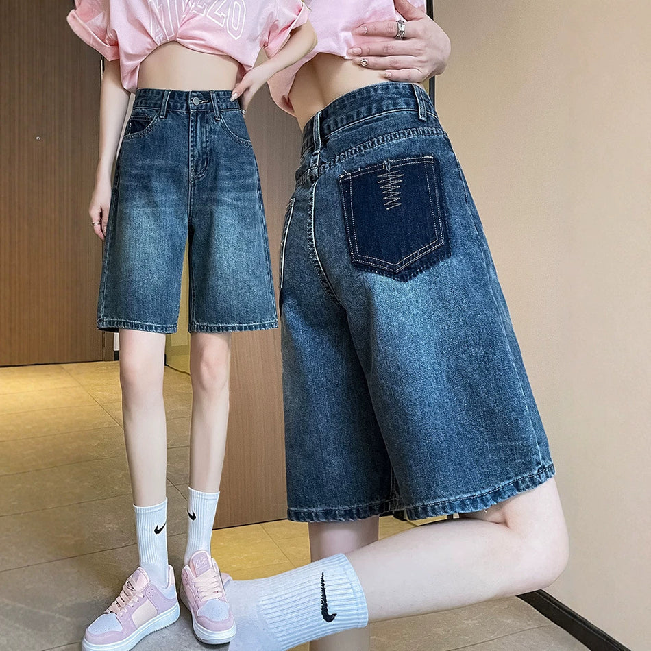 Women's High-Waist Wide-Leg Denim Shorts, Five-Point Length